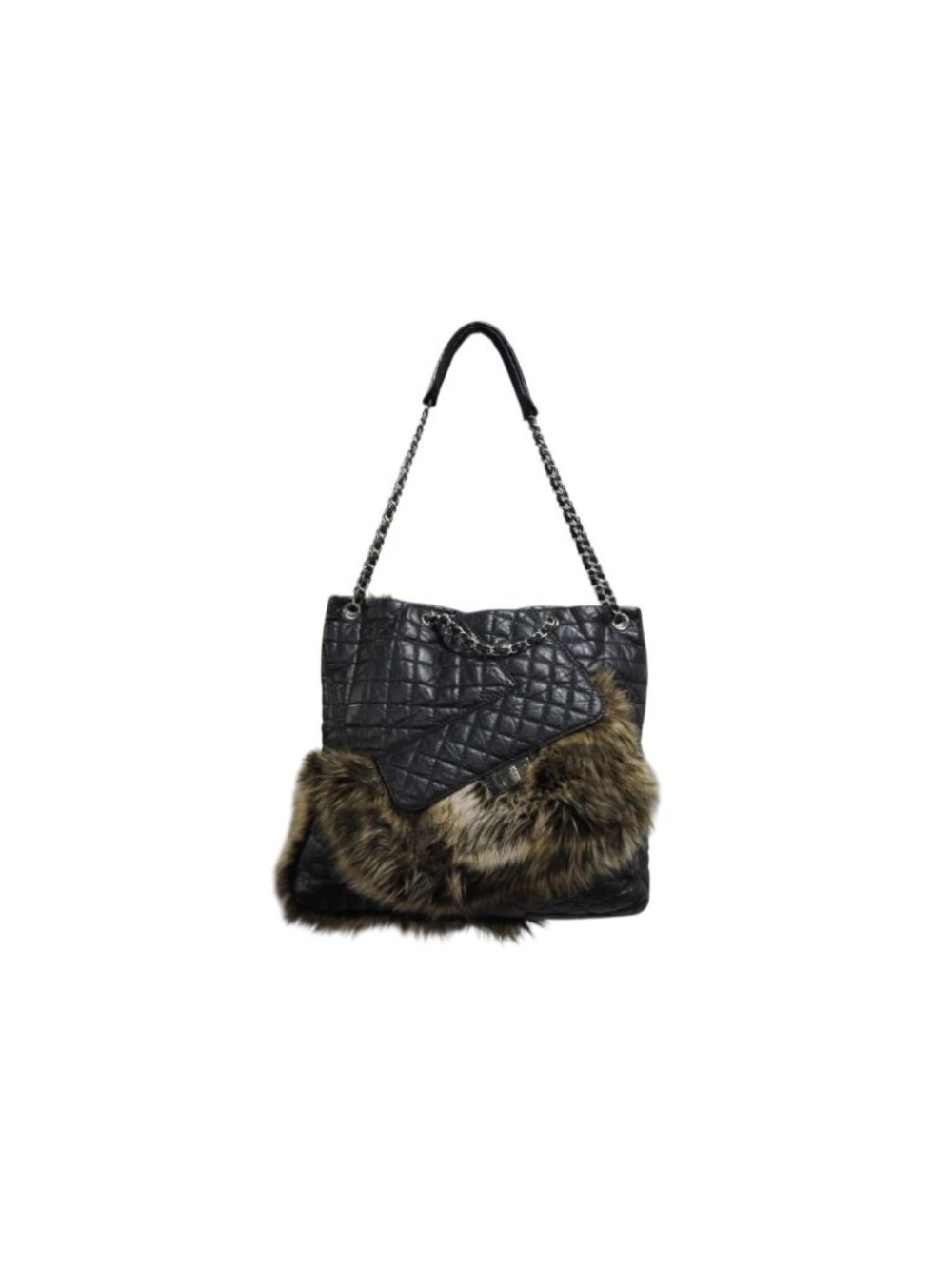 Chanel 2-Way Bag 2.55 CC Logo Calfskin Faux Fur Black Silver - Picture 4 of 9